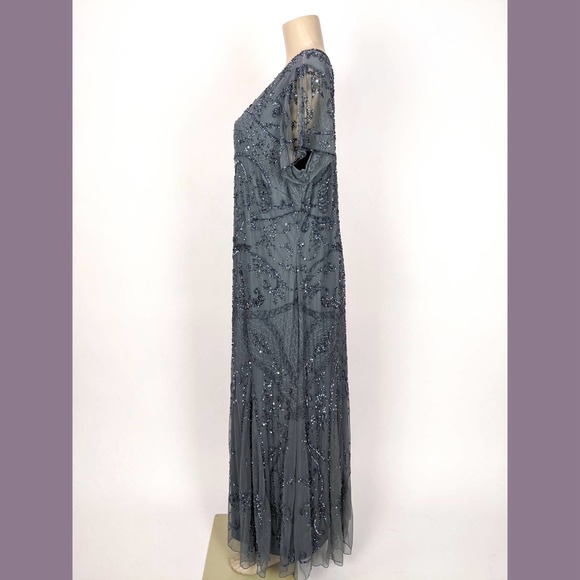 Pisarro Nights Plus Size 18W Embellished Mesh Gown In Steel Gray Blue - Picture 5 of 12